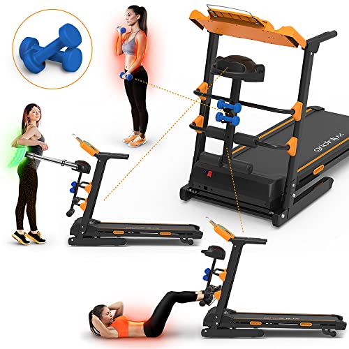 Gridinlux | Cinta de Correr Eléctrica Plegable | Trainer Race X-Treme | 1800 W | App y MP3 con Altavoces | 1-16 km/h | 12 Programas | 120x42cm Superficie | Pesas, Bandas y Banco Abdominales incluidos