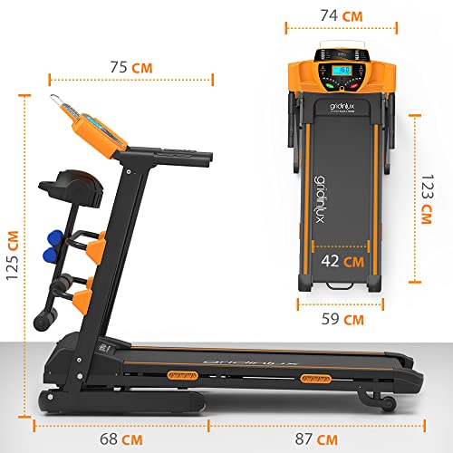 Gridinlux | Cinta de Correr Eléctrica Plegable | Trainer Race X-Treme | 1800 W | App y MP3 con Altavoces | 1-16 km/h | 12 Programas | 120x42cm Superficie | Pesas, Bandas y Banco Abdominales incluidos