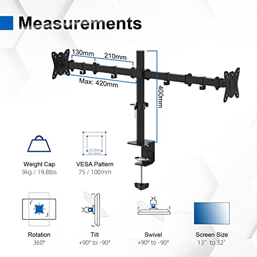 GRIFEMA GB2001-2 Soporte de Monitor Doble para Pantalla de Computadora de 13-32 Pulgadas, Altura Ajustable, VESA 75x75/100x100, Acero, Negro