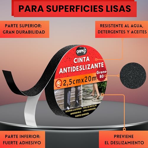 Gripko - Cinta Antideslizante 2,5cm*20m Escaleras y Suelos | Adhesivo Antideslizante de Alta Resistencia | Impermeable y Versátil | Seguridad en Piscinas, Rampas y Más