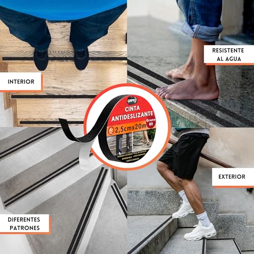 Gripko - Cinta Antideslizante 2,5cm*20m Escaleras y Suelos | Adhesivo Antideslizante de Alta Resistencia | Impermeable y Versátil | Seguridad en Piscinas, Rampas y Más