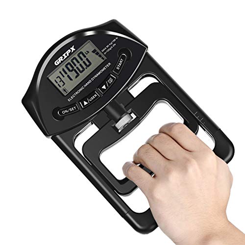 GRIPX Dinamómetro de Mano Digital Medidor de Fuerza de Agarre automático, probador de Fuerza de Poder de Agarre electrónico de 90 kg, Negro