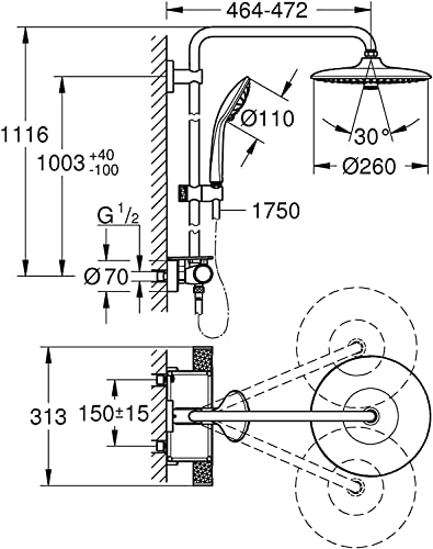 GROHE QuickFix Vitalio Joy 260, Sistema ducha termostática con bandeja, ducha mural 26 cm, teleducha 11 cm y 3 chorros, flexo 1.75 m, instalación con QuickSpanner incluída, cromo, 26403002