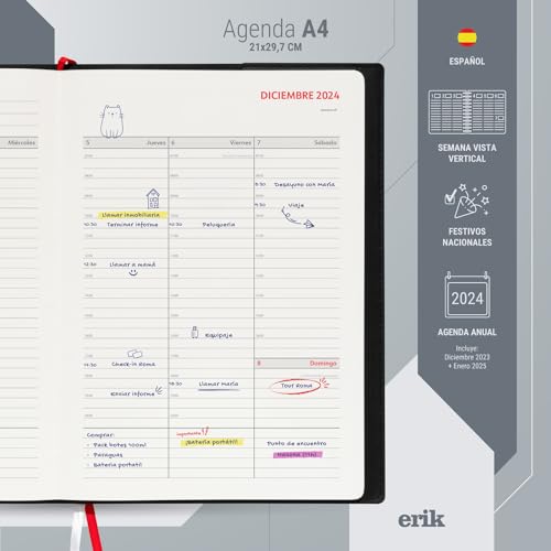 Grupo Erik Agenda planificador 2024 - Agenda 2024 semana vista vertical en Español con intervalos 30min - Agenda anual 2024 semana vista - Agenda A4 semana vista - Planificador semanal 2024 trabajo
