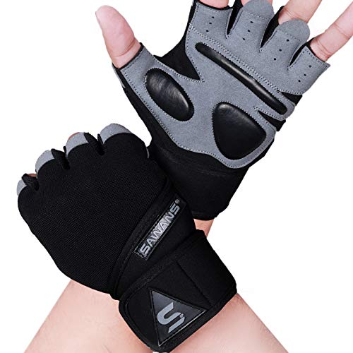 Guantes de Gimnasio Entrenamiento de Levantamiento de Pesas Hombre y Mujere Soporte muñeca Acolchado Extra Agarre protección Ejercicio Ciclismo Colgar dominada (Correa de muñeca Larga, S)