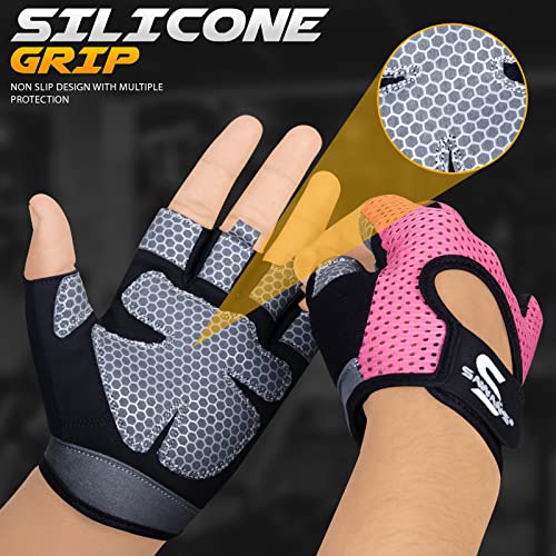 Guantes de Gimnasio para Hombres y Mujeres, Guantes de Fitness para Levantamiento de Pesas, Guantes Transpirables para Mujer, Guantes de Entrenamiento de Silicona Antideslizante (S, Rosa)