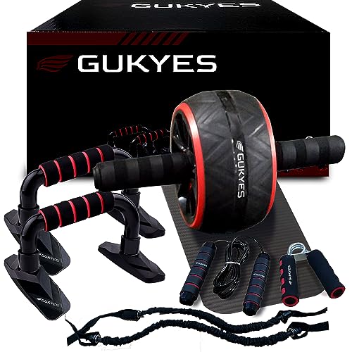 GUKYES Ejercicio en casa - Kit 8 en 1 - (Rueda Abdominales, Soportes para Flexiones, Cuerda Saltar, Bandas Resistencia, Grip, Esterilla Gruesa) Equipo musculación, Crossfit, calistenia