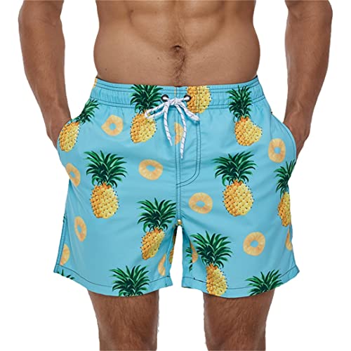 GUVAA Pantalones cortos de playa para hombre, traje de baño con cordón, traje de baño para gimnasio, ropa deportiva, Piña azul, XL