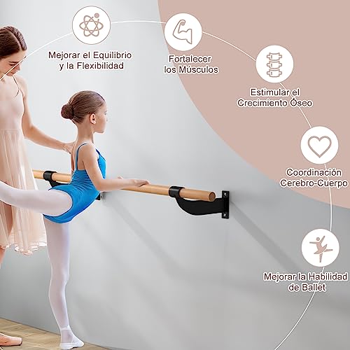 GYMAX Barra de Ballet de Madera, 120 cm de Largo, Soporte de Pared, Barra de Ejercicio, Barra de Baile, Altura Fija para Danza, Estiramiento y Yoga, Barra de Ballet para Niños y Adultos (Negro)