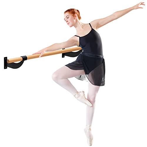 GYMAX Barra de Ballet de Madera, 120 cm de Largo, Soporte de Pared, Barra de Ejercicio, Barra de Baile, Altura Fija para Danza, Estiramiento y Yoga, Barra de Ballet para Niños y Adultos (Negro)