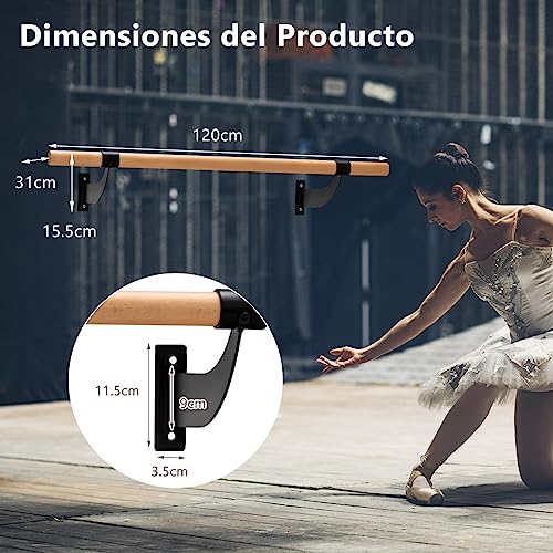 GYMAX Barra de Ballet de Madera, 120 cm de Largo, Soporte de Pared, Barra de Ejercicio, Barra de Baile, Altura Fija para Danza, Estiramiento y Yoga, Barra de Ballet para Niños y Adultos (Negro)