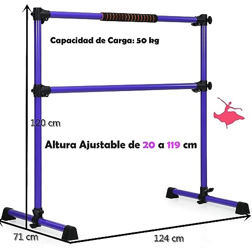 GYMAX Barra de Ballet Independiente Móvil Altura Regulable Barra de Estiramiento Desmontable Barra de Ballet de Hierro Carga hasta 50 kg (Púrpura)