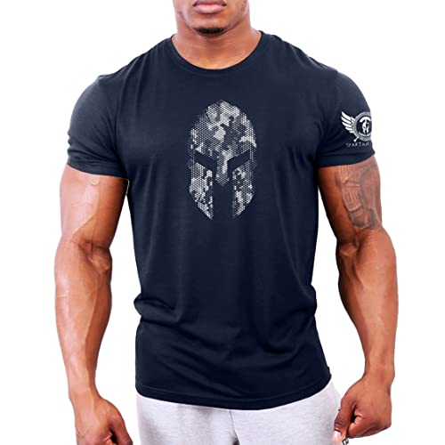 GYMTIER Spartan Helmet Hex Camo - Camiseta de gimnasio para hombre, para culturismo y levantamiento de pesas, azul marino, XL