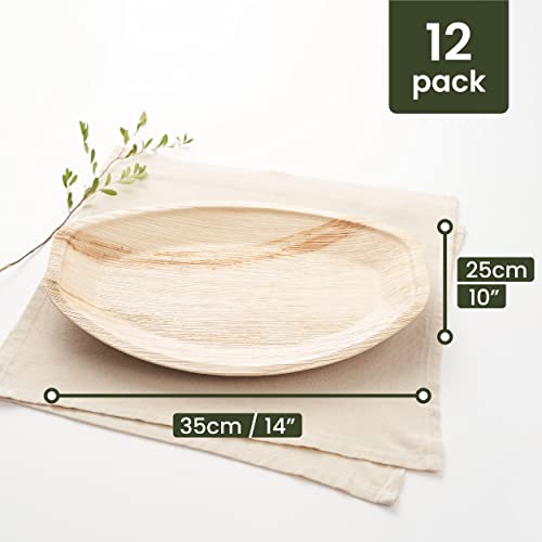 HAAGO - 12 Bandejas de Hojas de Palma/Cuencos para Servir en Forma de Barco (25x35cm) Biodegradables y Desechables - Ecológicas para Picnic y Exteriores - Aptas para Microondas