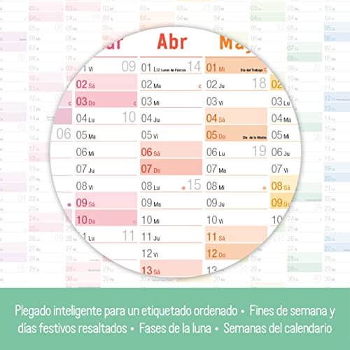 Häfft Calendario de pared XXL 2024 A1+ (89 x 63 cm) (Rainbow) en español 15 meses, planificador anual A4, plegado con vista general de vacaciones