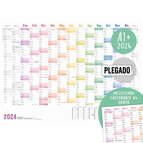 Häfft Calendario de pared XXL 2024 A1+ (89 x 63 cm) (Rainbow) en español 15 meses, planificador anual A4, plegado con vista general de vacaciones