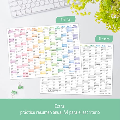 Häfft Calendario de pared XXL 2024 A1+ (89 x 63 cm) (Rainbow) en español 15 meses, planificador anual A4, plegado con vista general de vacaciones