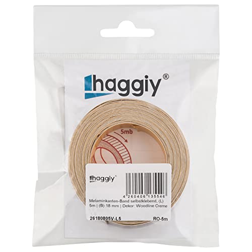 haggiy Cinta autoadhesiva para bordes de melamina, 18 mm x 5 m, agarre seguro sin planchar mediante pegamento acrílico, cubo de bordes, chapa para estanterías/placas de madera (blanco)