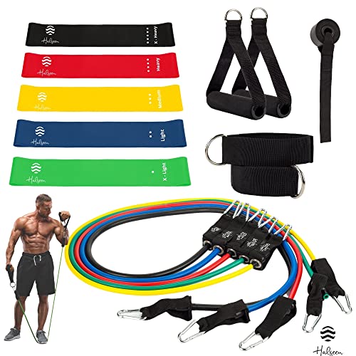 Halseen - Pack Incluye Bandas y Cintas Elasticas de Musculacion – 17 Piezas - Gomas (hasta 100 LB/ 45Kg) + 5 Bandas de Resistencia Latex - Gym en Casa