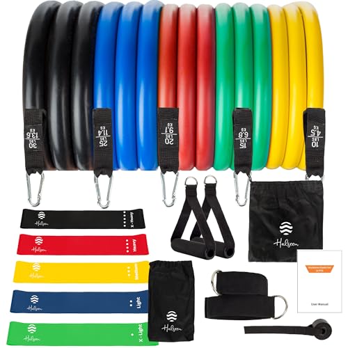 Halseen - Pack Incluye Bandas y Cintas Elasticas de Musculacion – 17 Piezas - Gomas (hasta 100 LB/ 45Kg) + 5 Bandas de Resistencia Latex - Gym en Casa