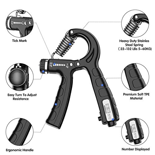 Hand Grip Ejercitador de Manos fortalecedor de dedos, ejercicio en casa máquina de agarre Ajustable de 5-60kg con función de conteo fortalecedor de agarre de mano para Entrenar el Agarre