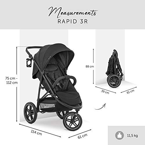 hauck Rapid 3R, Silla de Paseo hasta 25 Kg, Silla Paseo Ligera, Carro Bebe, 3 Ruedas, Reclinable, desde Nacimiento, Capota XL UPF 50+, Todoterreno, Negro