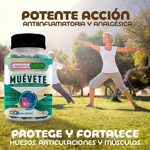 Healthy Fusion Muévete | Potente antiinflamatorio con acción analgésica | Regenerador articular| Potente cúrcuma + colágeno + magnesio + condroitina + MSM + vitamina C | 50 gum