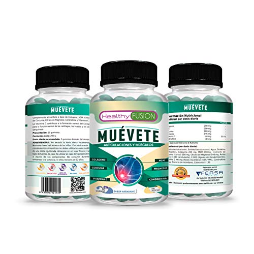 Healthy Fusion Muévete | Potente antiinflamatorio con acción analgésica | Regenerador articular| Potente cúrcuma + colágeno + magnesio + condroitina + MSM + vitamina C | 50 gum