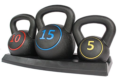 HIONRE Juego de pesas rusas de 3 piezas con soporte para entrenamiento cruzado, entrenamiento de MMA, ejercicio en casa - 5, 10 y 15 libras (2,2 kg, 4,5 kg y 6,8kg), negro (KB01S)