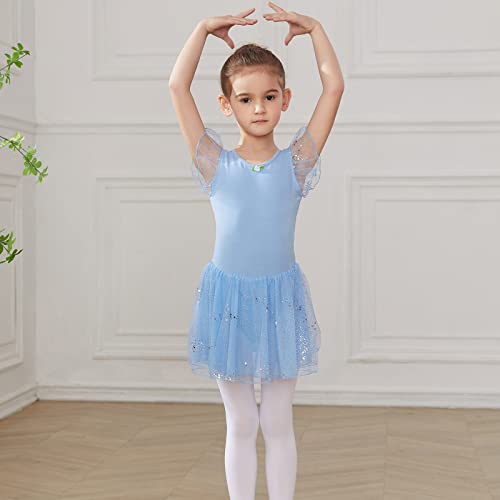 HIPPOSEUS Niña Maillot de Danza Lentejuelas Tutú Vestido de Ballet Gimnasia Leotardo Body Clásico para Niñas,Y05-Azul,8-9 Años