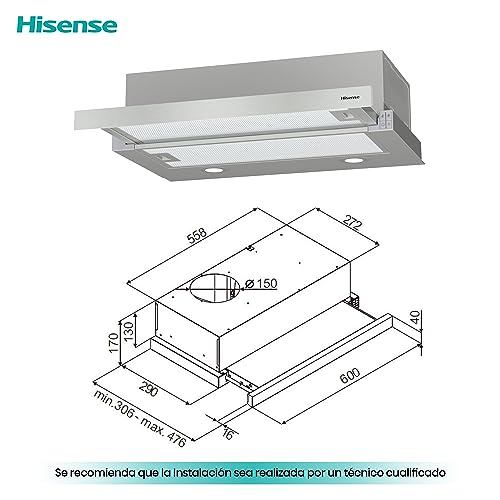 Hisense CH6TL4BX - Campana Telescópica 60 cm, Capacidad de Succión de 450 m³/h, Iluminación LED, Fácil Limpieza y Mantenimiento