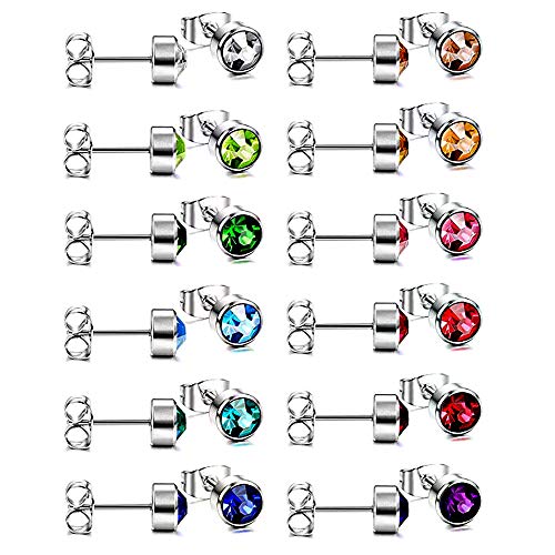 HO2NLE 12 Pares Pendientes Pequeños Acero Inoxidable Mujer y Hombre Pendientes Circonita Colores 6mm Piercing para Oreja Cartilago Tragus Medicinal Hipoalergenicos Brillante