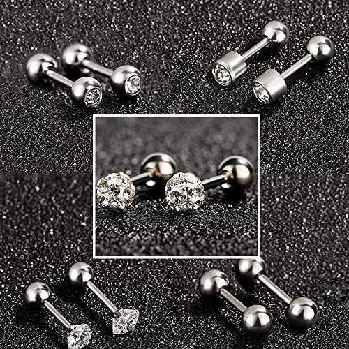 HO2NLE 5 Pares Pendientes Acero Inoxidable,16G Piercing Oreja para Mujer y Hombre Barra de 6mm con Bola Zirconia Cúbica Labret Stud Pendientes Oreja Plata para Tragus Cartilago