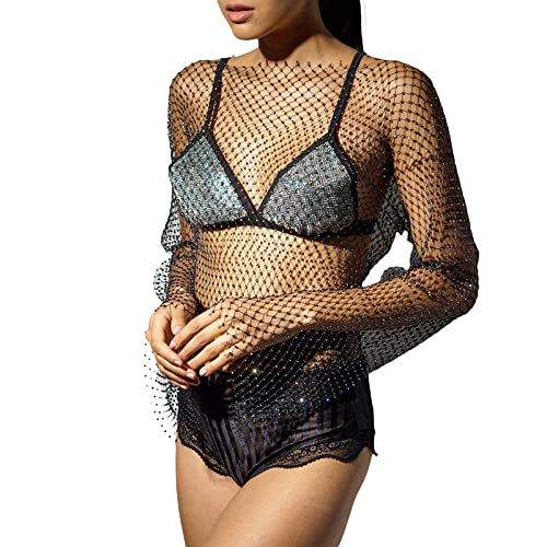 HodJIU Mujer Top de Red Transparente con Rhinestone Top de Malla con Lentejuelas Camiseta de Manga Larga Fishnet Crop Top Blusa de Lentejuelas para Noche Club Playa, Negro , M