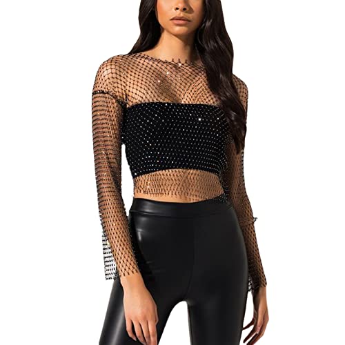 HodJIU Mujer Top de Red Transparente con Rhinestone Top de Malla con Lentejuelas Camiseta de Manga Larga Fishnet Crop Top Blusa de Lentejuelas para Noche Club Playa, Negro , M