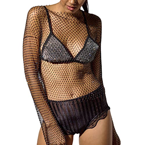 HodJIU Mujer Top de Red Transparente con Rhinestone Top de Malla con Lentejuelas Camiseta de Manga Larga Fishnet Crop Top Blusa de Lentejuelas para Noche Club Playa, Negro , M