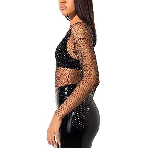 HodJIU Mujer Top de Red Transparente con Rhinestone Top de Malla con Lentejuelas Camiseta de Manga Larga Fishnet Crop Top Blusa de Lentejuelas para Noche Club Playa, Negro , M