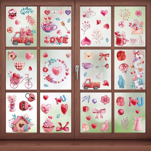 Hojas de Pegatinas para Ventana del día San Valentín 9PCS Hojas Calcomanías Estáticas para Ventanas Calcomanías Extraíbles para Ventana Corazón, Pegatinas Corazón Autoadhesivas para Hogar, Oficina, Fi