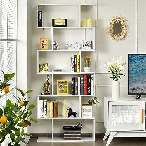 HOMASIS Librería de pie con 6 Niveles, estantería de Oficina de Madera, librería Multifuncional de Pared con diseño antivuelco, estantería de Oficina en Forma de S, 80 x 23 x 191cm (Blanco)