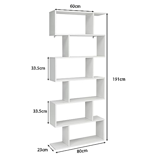 HOMASIS Librería de pie con 6 Niveles, estantería de Oficina de Madera, librería Multifuncional de Pared con diseño antivuelco, estantería de Oficina en Forma de S, 80 x 23 x 191cm (Blanco)