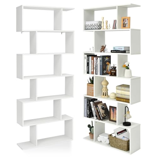 HOMASIS Librería de pie con 6 Niveles, estantería de Oficina de Madera, librería Multifuncional de Pared con diseño antivuelco, estantería de Oficina en Forma de S, 80 x 23 x 191cm (Blanco)