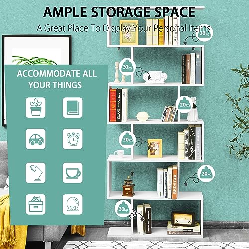 HOMASIS Librería de pie con 6 Niveles, estantería de Oficina de Madera, librería Multifuncional de Pared con diseño antivuelco, estantería de Oficina en Forma de S, 80 x 23 x 191cm (Blanco)