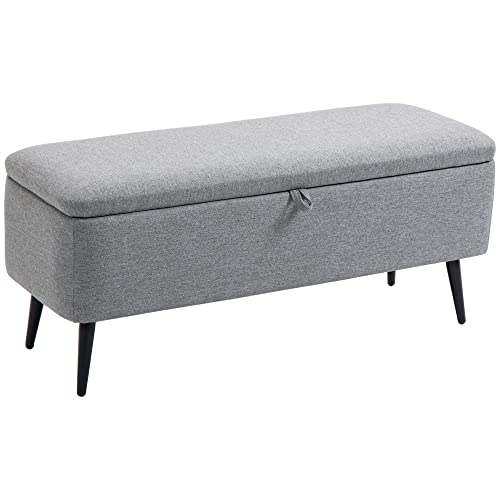 HOMCOM Banco de Almacenamiento Taburete de Almacenaje Tapizado en Lino con Tapa Abatible y Patas de Acero para Dormitorio Salón Entrada Carga 150 kg 101x38,5x44,5 cm Gris