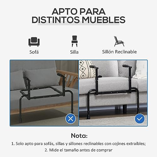 HOMCOM Barandilla Asidero de Sofá para Levantarse con Altura y Ancho Ajustable Riel de Ayuda para Sofá de Cojín Desmontable para Mayores Carga 136 kg 72,5-90,5x51-59x57-77 cm Negro