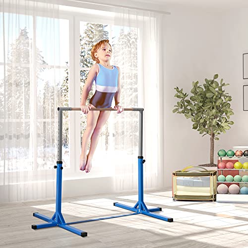 HOMCOM Barra de Gimnasia para Niños de +3 Años Barra de Entrenamiento con Altura Ajustable 92-150 cm Barra Horizontal de Gimnasia Carga 75 kg 194x121x150 cm Azul