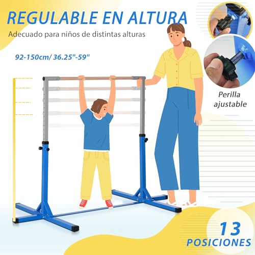 HOMCOM Barra de Gimnasia para Niños de +3 Años Barra de Entrenamiento con Altura Ajustable 92-150 cm Barra Horizontal de Gimnasia Carga 75 kg 194x121x150 cm Azul