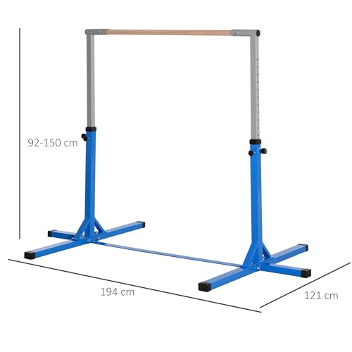 HOMCOM Barra de Gimnasia para Niños de +3 Años Barra de Entrenamiento con Altura Ajustable 92-150 cm Barra Horizontal de Gimnasia Carga 75 kg 194x121x150 cm Azul