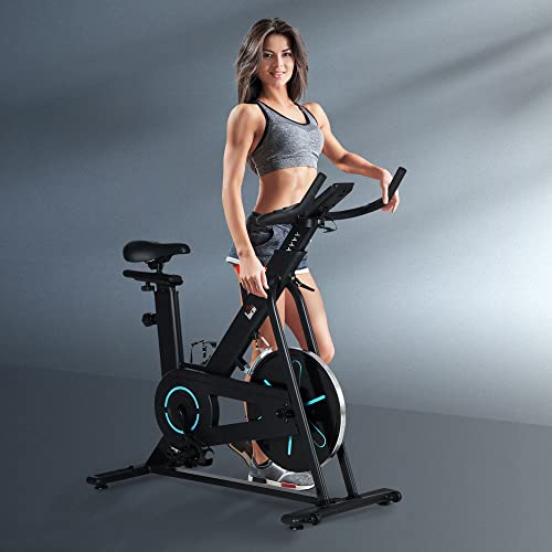 HOMCOM Bicicleta Estática Bicicleta de Fitness Ciclo Indoor Resistencia Ajustable con Asiento y Manillar Ajustables en Altura Pantalla LCD Pulsómetro y Ruedas Carga 110 kg 110x52x105-120 cm Negro