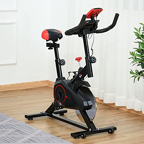 HOMCOM Bicicleta Estática Ciclo Indoor con Pantalla LCD Pulsómetro Sillín y Manillar Ajustables en Altura Volante de Inercia de 6 kg y Resistencia Regulable 85x46x114 cm Negro y Rojo