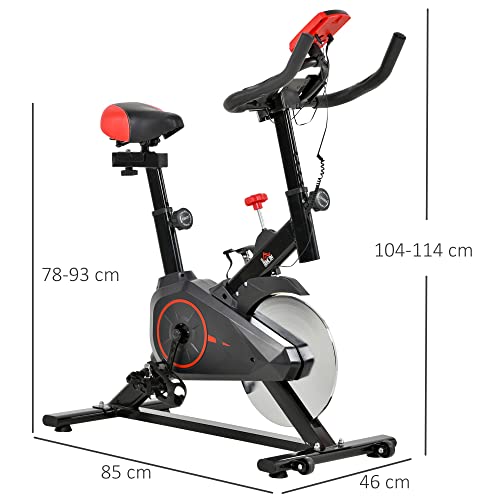 HOMCOM Bicicleta Estática Ciclo Indoor con Pantalla LCD Pulsómetro Sillín y Manillar Ajustables en Altura Volante de Inercia de 6 kg y Resistencia Regulable 85x46x114 cm Negro y Rojo